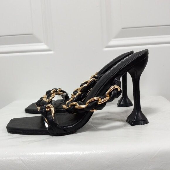 Cape Robbin Shoes - Cape Robbin Black & Gold Chain Strap High Heel Sandals Square Toe Women's 10
